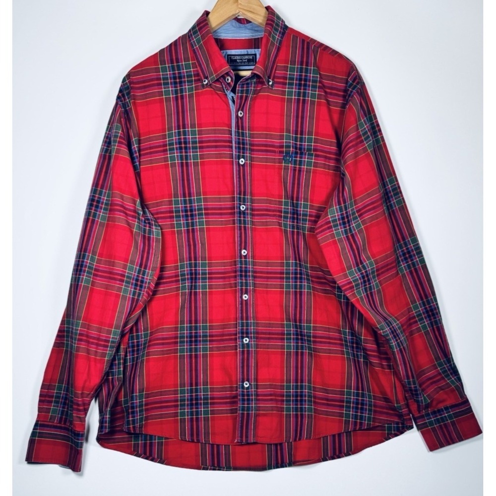 Claudio Campione Shirt Mens XL Red Tartan Plaid Button‎ Down Cotton Long Sleeve
